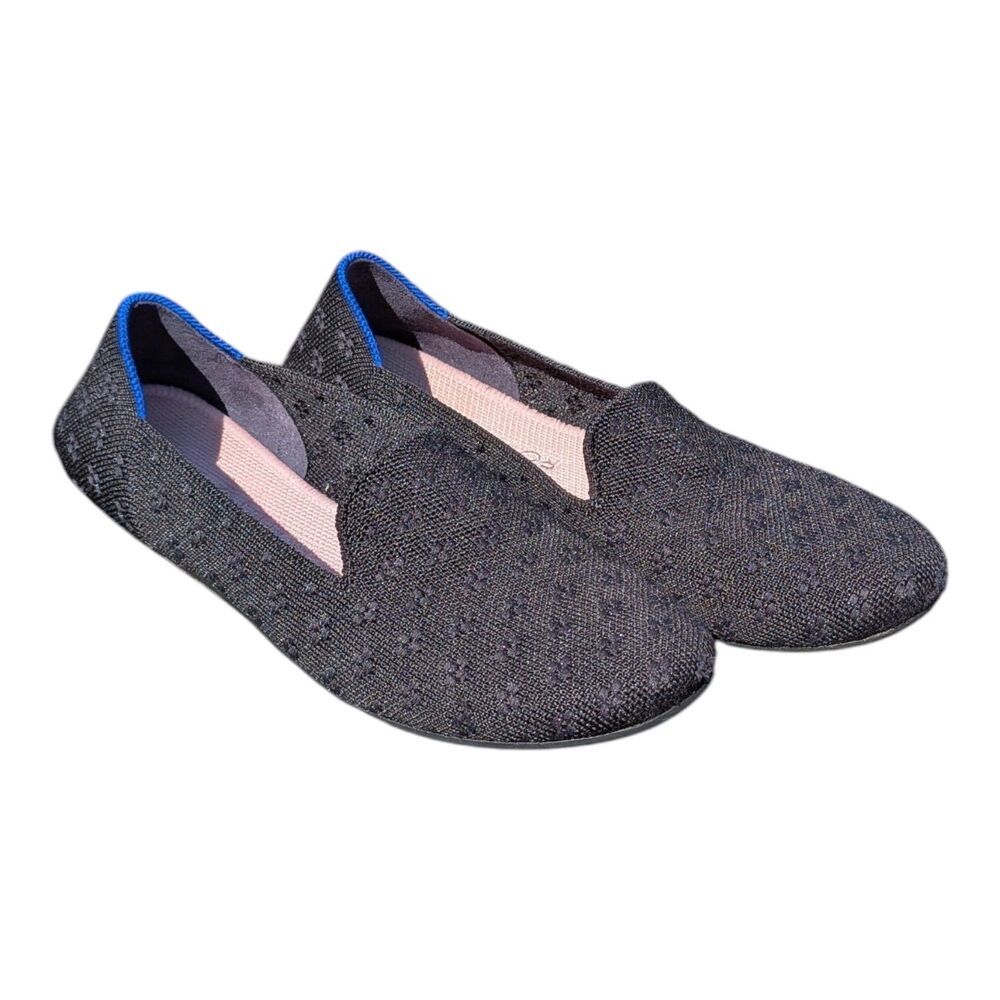 Rothy's The Loafer Round Toe Flat Lightweight Solid Black Knit Blue Trim Size 7